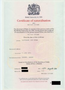 Certificate of naturalisation