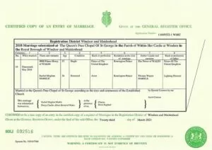 Marriage certificate, UK, issued by the General Register Office (GRO)